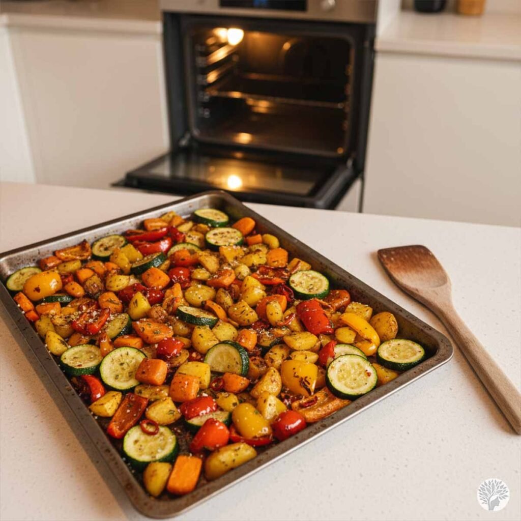 A metal sheet pan filled with seasoned zucchini, sweet potatoes, peppers, and garlic sitting on a counter next to a wooden spoon with an open oven in the background.