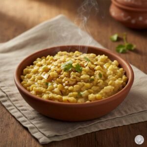 A steaming bowl of golden vegetable khichdi topped with fresh cilantro and cumin seeds on a rustic wooden table with a linen napkin.