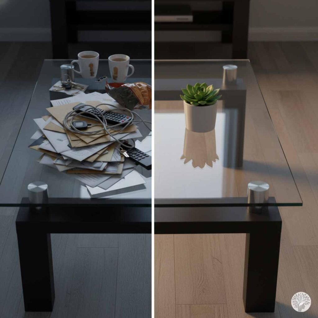 A side-by-side comparison of a glass coffee table: the left side is cluttered with mail, remotes, and mugs in dim light; the right side is clean and minimalist with a single succulent in warm sunlight.