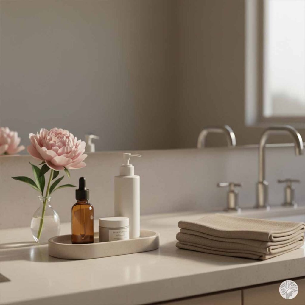 A minimalist bathroom vanity featuring a stone tray with three skincare bottles, a single pink peony in a glass vase, and neatly folded beige towels on a clean white counter.