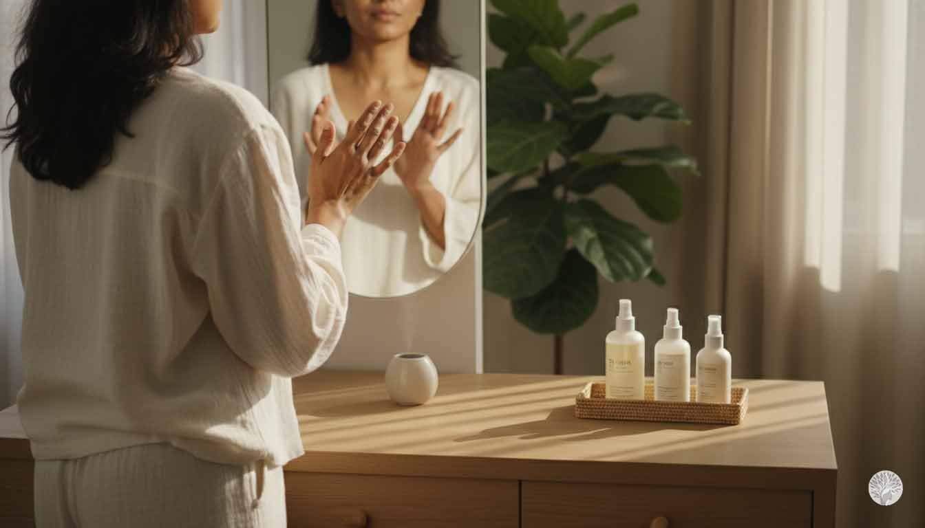 A woman in a soft white linen robe practicing a mindful skincare ritual in front of a mirror, with a minimalist tray of natural products and a plant in a sunlit, calm home sanctuary