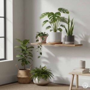 A minimalist indoor garden corner featuring a snake plant, monstera, and fern arranged on a wooden floating shelf and the floor in a bright, sunlit room.