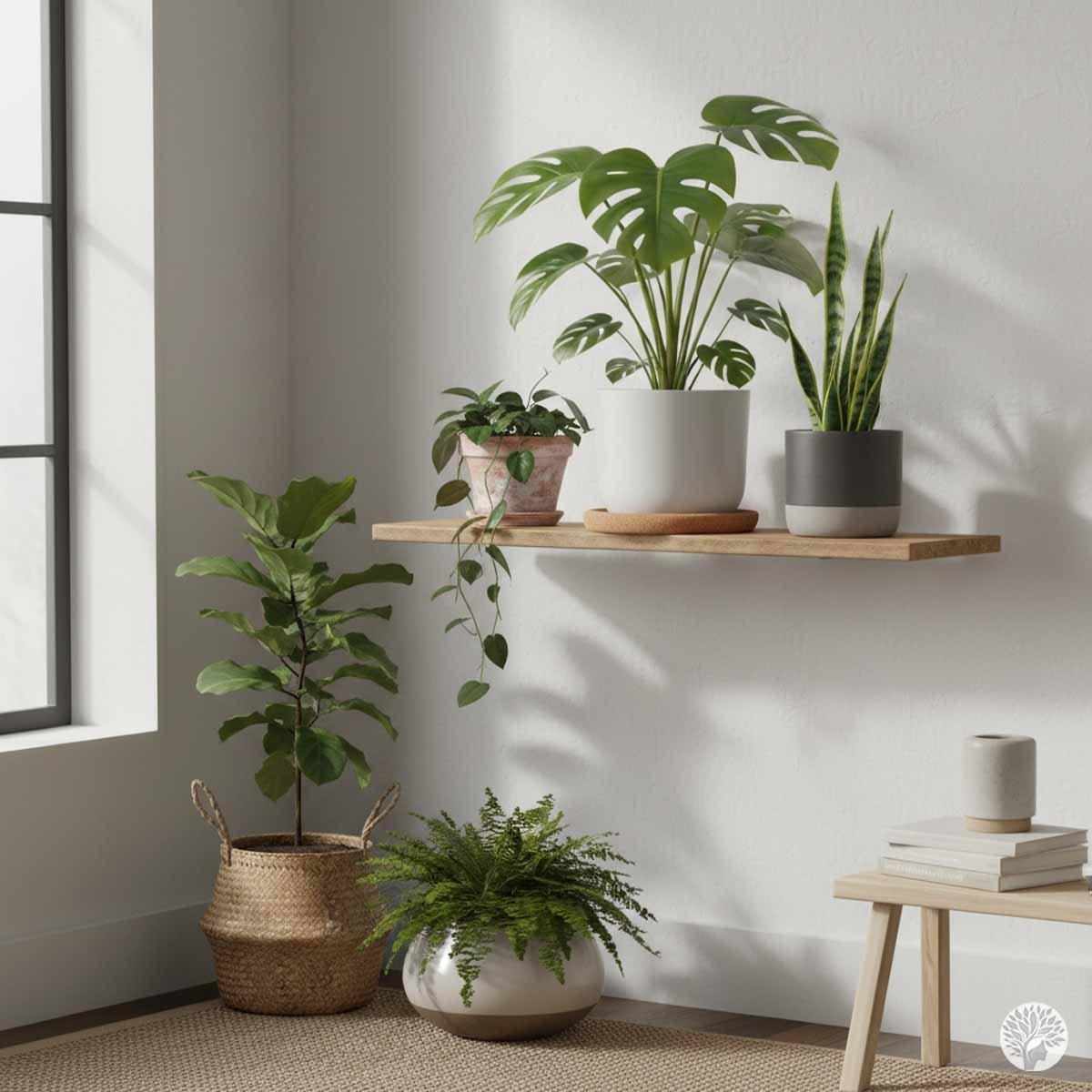 A minimalist indoor garden corner featuring a snake plant, monstera, and fern arranged on a wooden floating shelf and the floor in a bright, sunlit room.