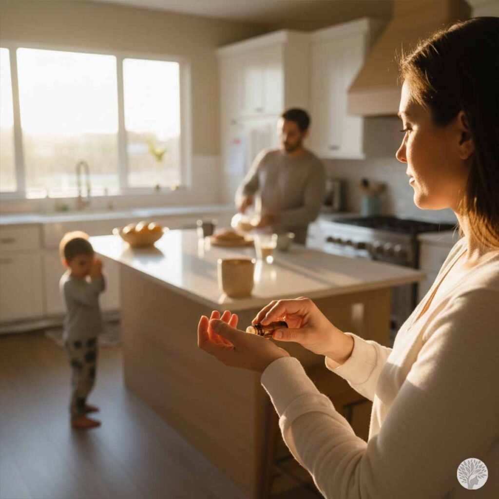 A close-up profile view of a woman applying an aromatherapy stress roll-on oil to her wrist in a bright kitchen, while her husband prepares breakfast at the island and a toddler stands in the background.