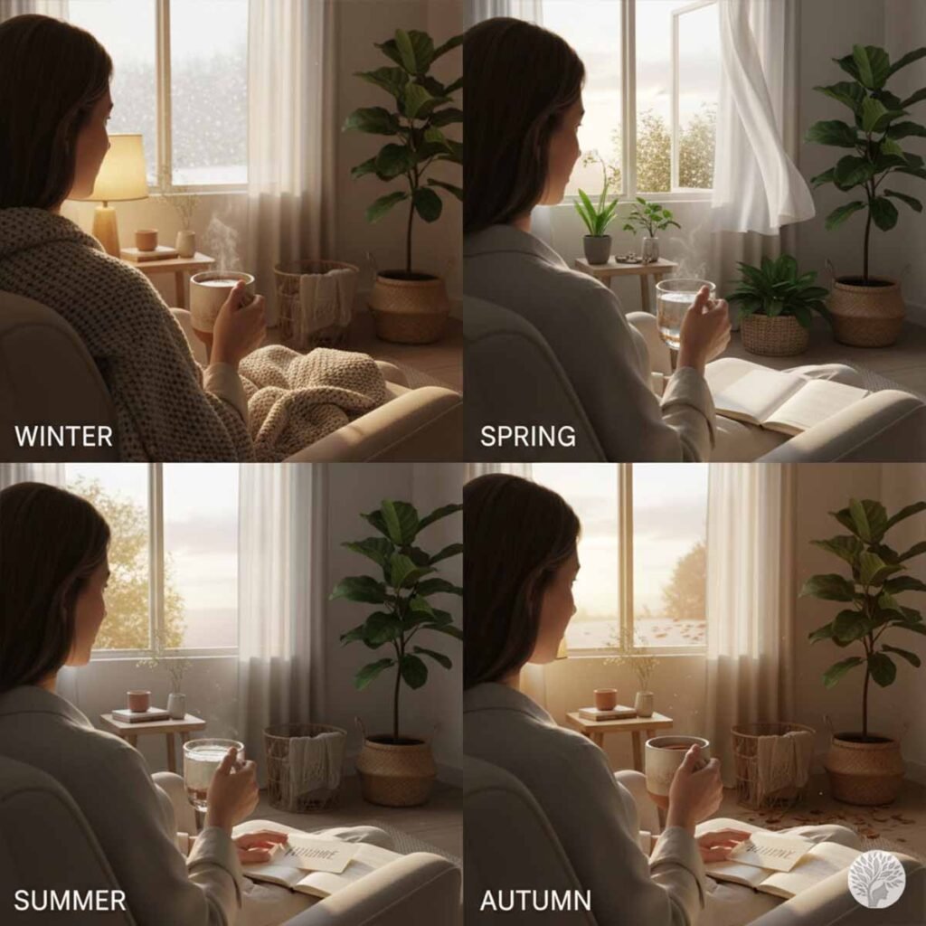 A four-panel photo grid showing a woman sitting in an armchair by a window practicing her morning anchor ritual across winter, spring, summer, and autumn.