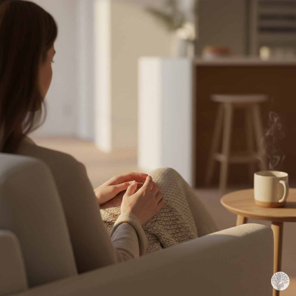 An over-the-shoulder view of a woman resting her hands gently on her lap while sitting in an armchair, practicing slow transition breathing next to a steaming mug on a side table.