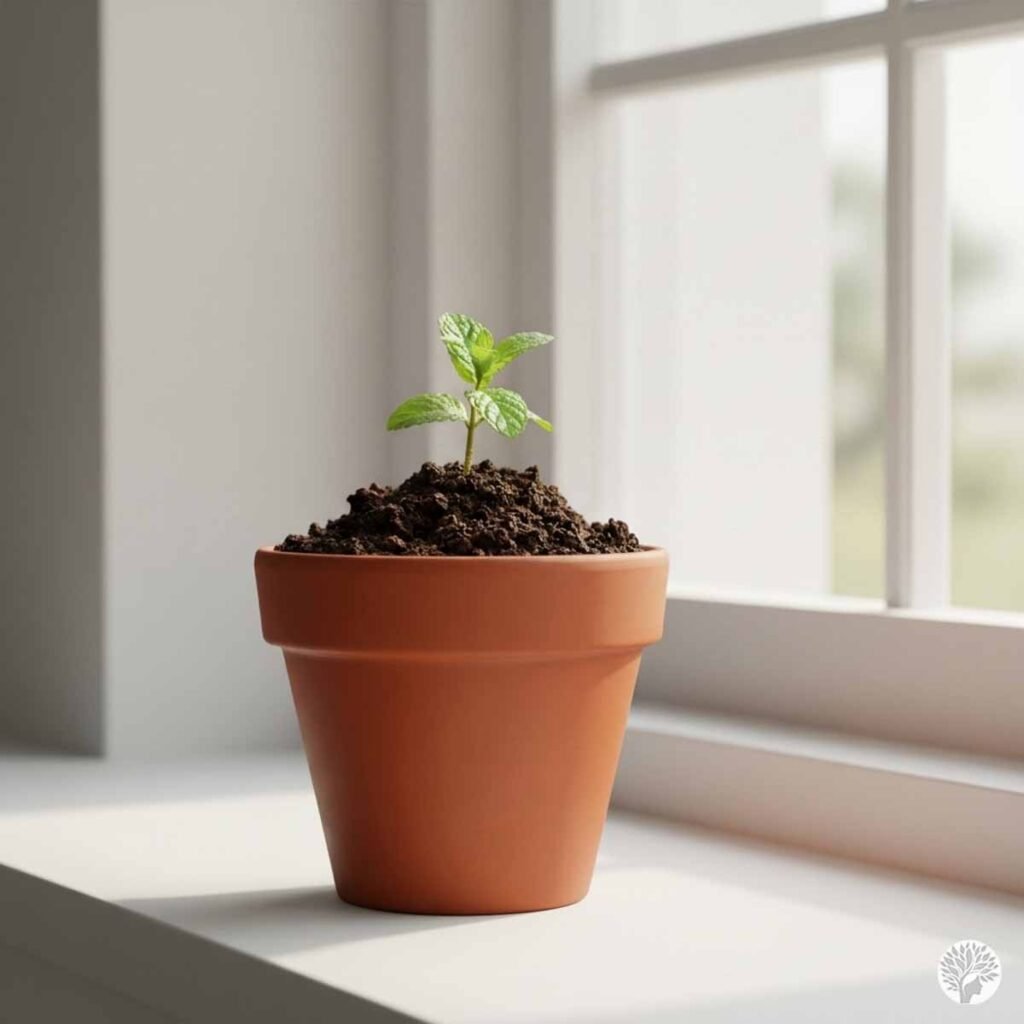 A single vibrant green mint sprout growing in a clean, smooth terracotta pot on a minimalist white windowsill bathed in soft morning sunlight.