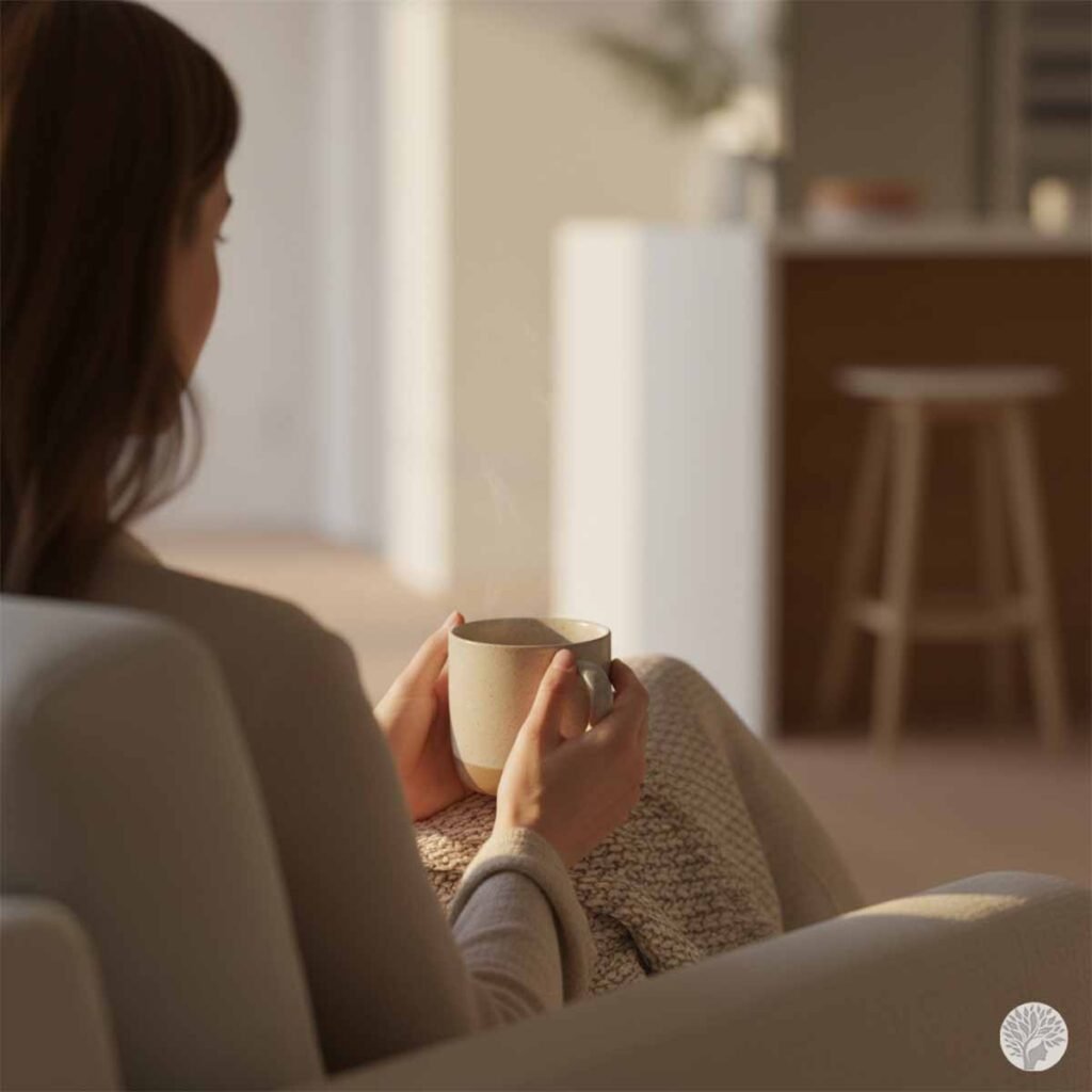 A close-up, over-the-shoulder view of a woman sitting on a cozy armchair, holding a ceramic mug filled with a warm drink using both hands during her morning anchor routine.