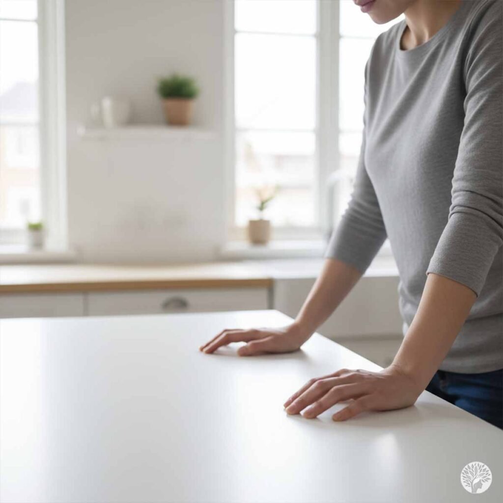A close-up, side-angle photograph of a woman in a grey long-sleeved shirt standing at a white kitchen island. Her hands are pressed firmly against the clean surface, with her fingers slightly tensed and curled, reflecting physical strain. The background shows a bright, minimalist kitchen with a blurred window and a small potted plant, contrasting her visible internal tension.