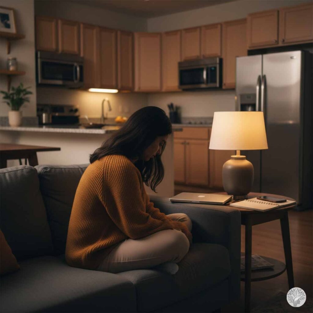 A woman sitting cross-legged on a gray sofa in a dimly lit apartment, her head bowed in a moment of quiet reflection or exhaustion. Beside her, a side table holds a warm lamp, a closed laptop, a smartphone, and an open notebook, with a darkened kitchen in the background.