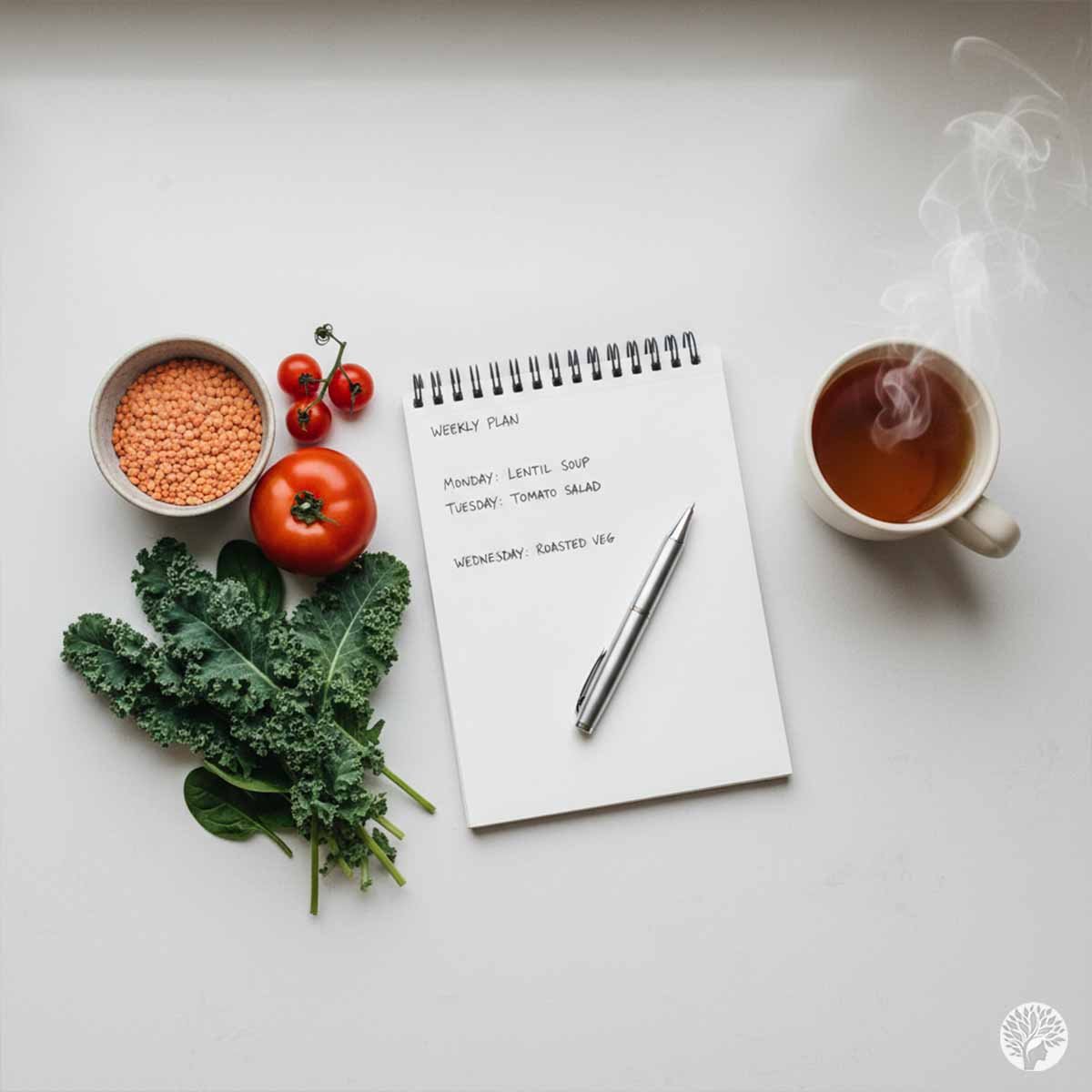 A high-angle, minimalist flat lay on a clean white "Anchor Surface" featuring a bowl of red lentils, fresh tomatoes, and leafy kale next to a steaming cup of tea and a notebook displaying a simple weekly meal plan.