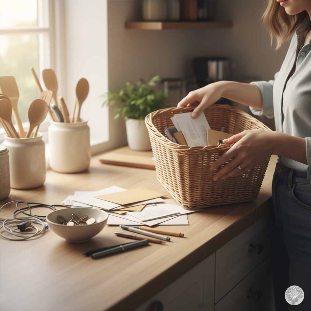 A kitchen counter covered in breakfast remains, including an open loaf of bread, a dirty bowl with a spoon, scattered crumbs, and various containers in front of a bright window.