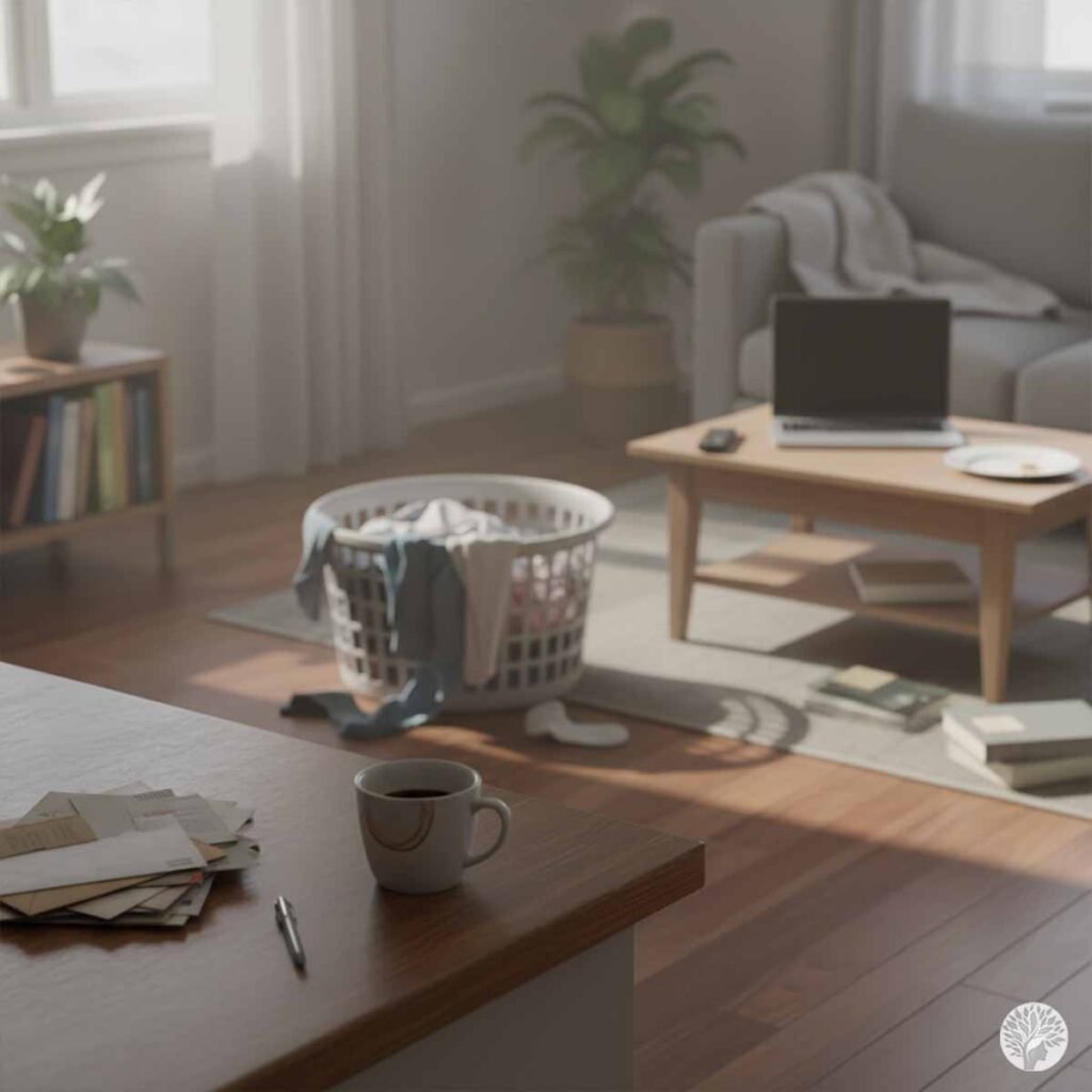 A slightly blurred interior view of a living room and kitchen area where a full laundry basket sits on the floor, an open laptop and plate are on a coffee table, and a stack of mail and a coffee mug occupy the foreground counter.