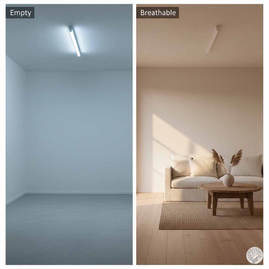 A split-screen comparison of two room interiors. The left side, labeled 'Empty,' shows a cold, sterile, brightly lit blue-toned room with bare walls, an exposed fluorescent ceiling light, and an empty grey floor. The right side, labeled 'Breathable,' shows a warm, inviting, naturally sunlit room featuring soft neutral tones, a cozy sofa with pillows, a round wooden coffee table with decorative pampas grass, a woven rug, and light wood flooring.