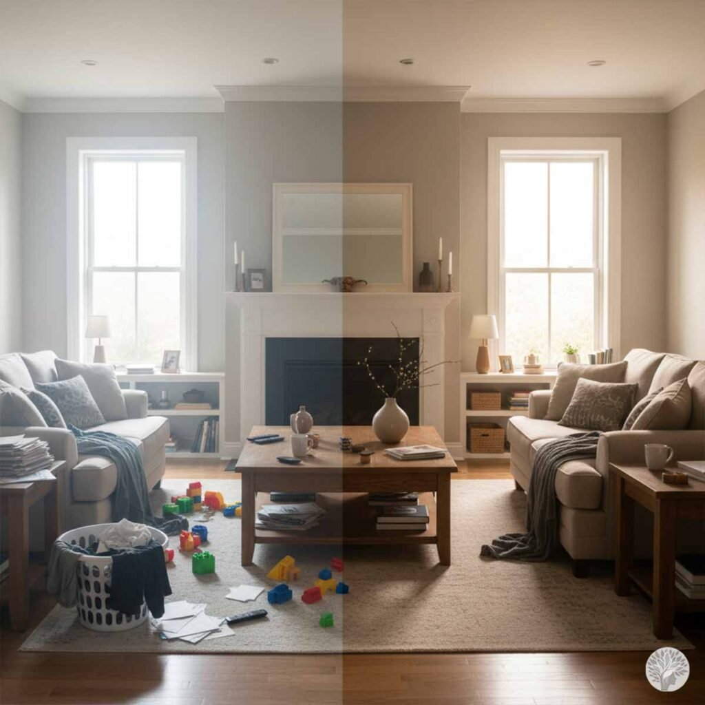 A side-by-side comparison of a living room: the left side is cluttered with toys and laundry representing "Reactive Survival," and the right side is clean and peaceful representing "Proactive Peace."