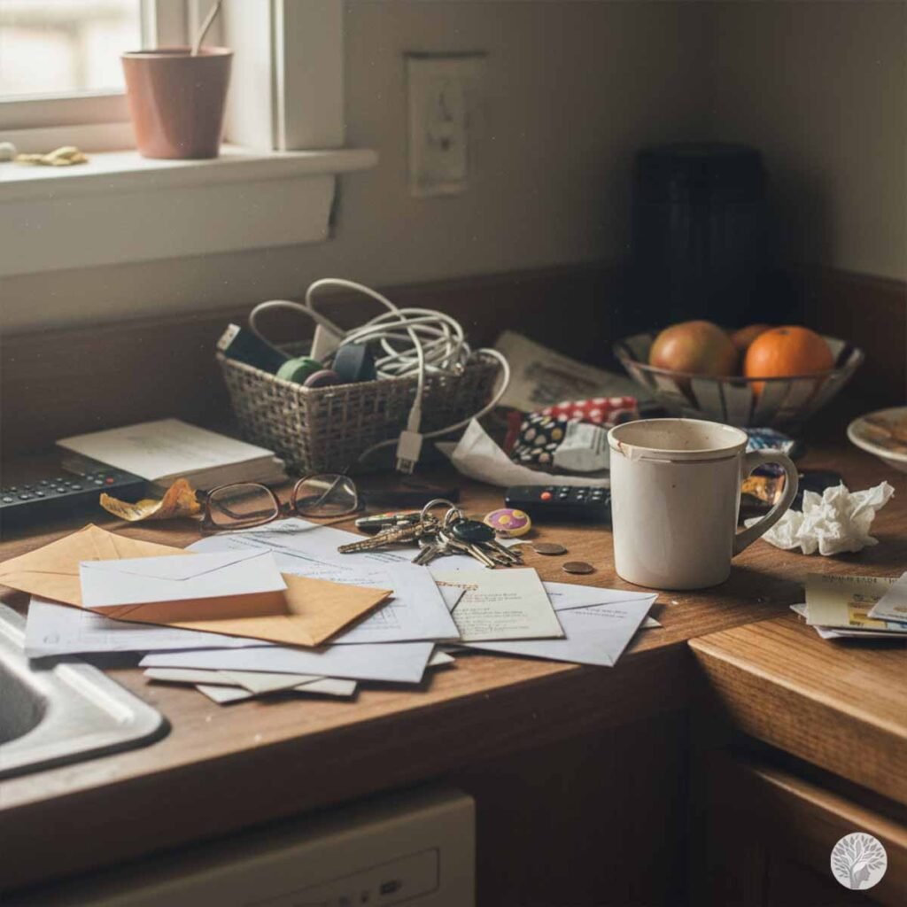 A cluttered kitchen counter with scattered keys, unopened mail, glasses, tangled charger cables, and a coffee mug, representing the mental load of a messy home and no routine.