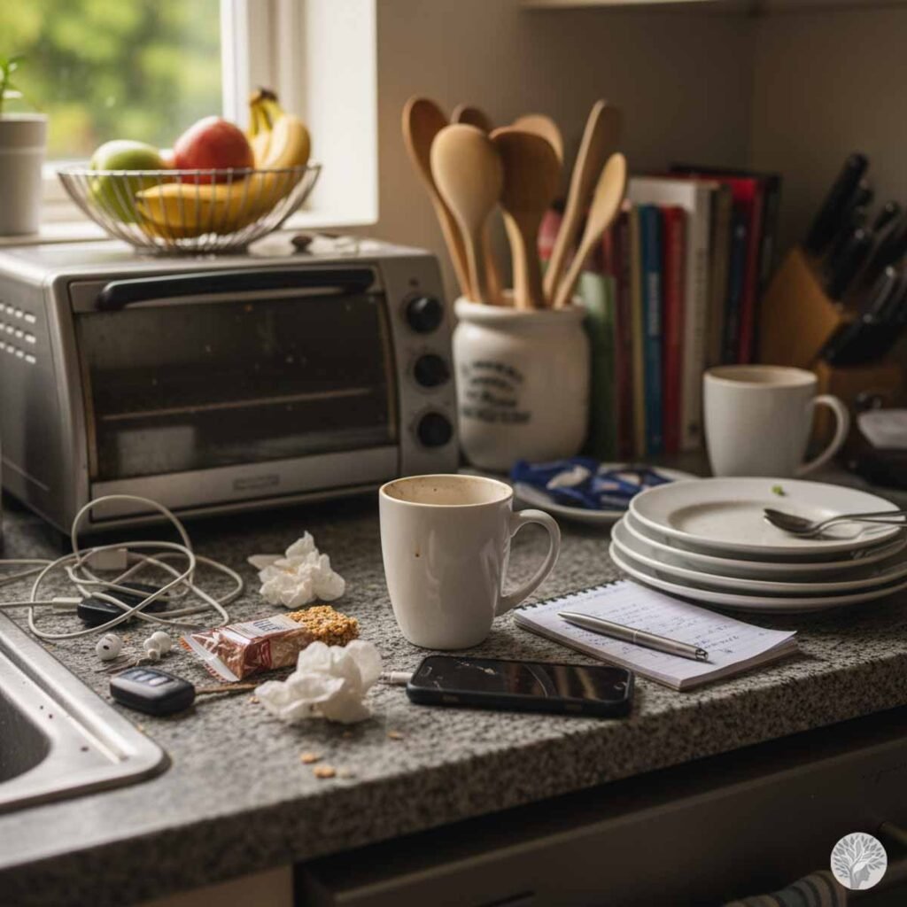 A cluttered kitchen counter, matching the scene and messy state established in the image, featuring a pile of opened and unopened mail, several ceramic mugs (one white, one off-white), loose car keys, tangled smartphone charging cables, and an assortment of items reflecting daily overwhelm and decision fatigue.