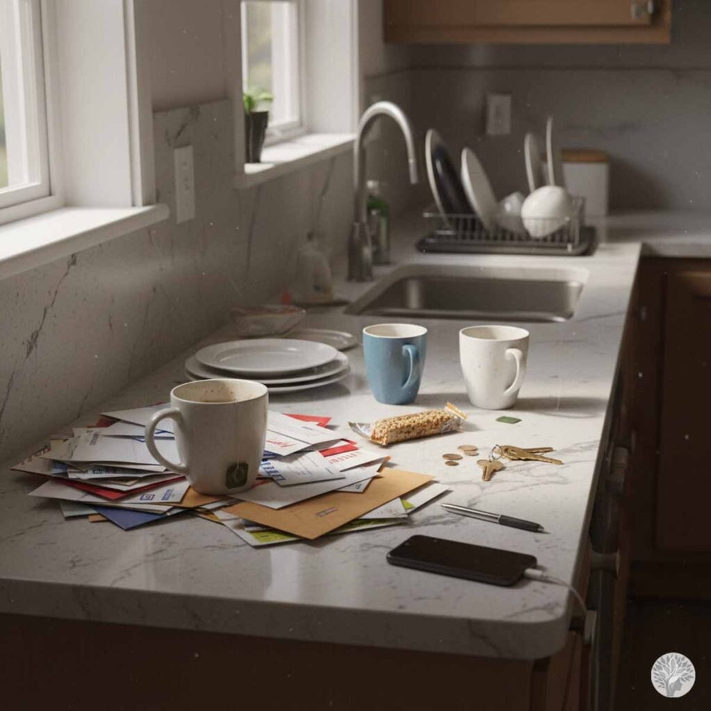 A view down a long, white quartz kitchen counter, showing a messy granite sink area transitioning into a cluttered countertop. The scene includes scattered mail, several ceramic mugs, car keys, loose change, and a smartphone, all bathed in soft, natural window light, representing a home in a state of constant reaction.