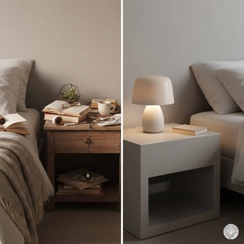 A side-by-side comparison illustrating a bedroom nightstand. The left side (Before) is cluttered with books, glasses, a plant, and papers. The right side (After) is curated, showing only a minimalist lamp and one book, demonstrating the impact of Negative Space and Environmental Curation from 'The Mindful Mom Life' framework.