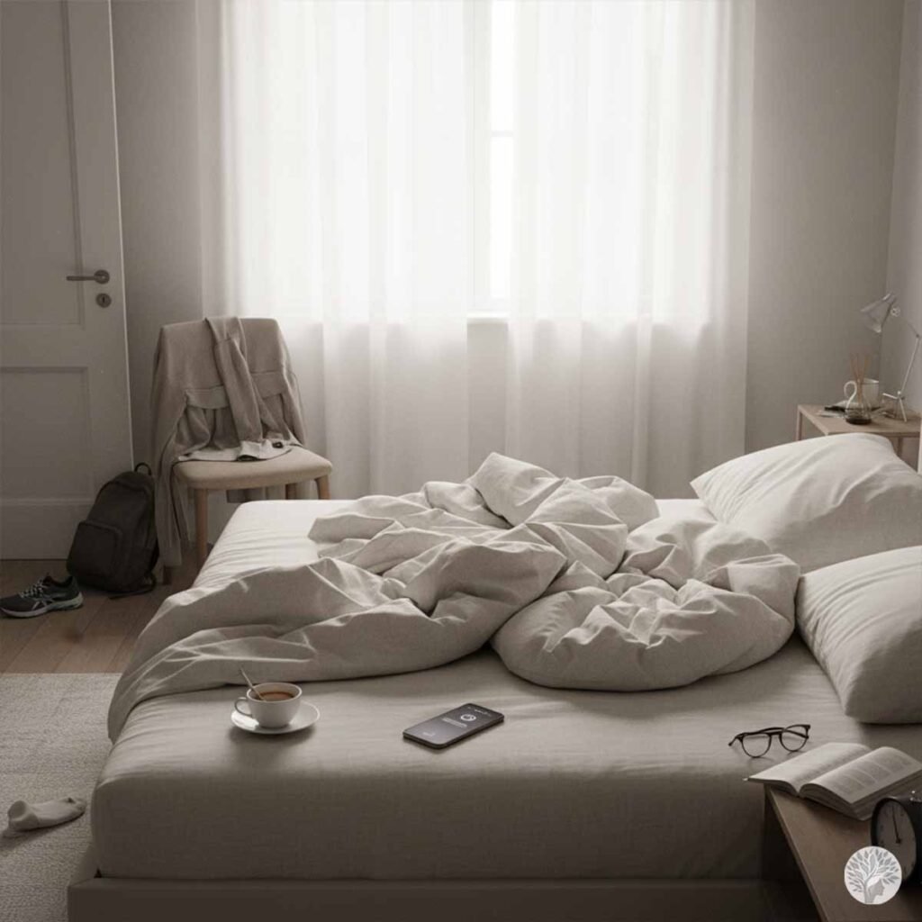 A wide shot of a minimalist bedroom with soft, natural light filtering through a sheer white curtained window. A messy, unmade bed with linen sheets is in the foreground, with a cup of coffee and a smartphone on the mattress. A wooden side table holds a lamp and an open book with glasses.