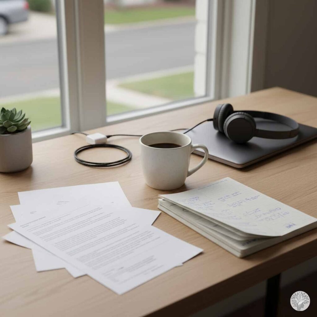 A clean, minimalist wooden desk positioned in front of a window. The desk surface holds a white ceramic mug of coffee, a pair of grey headphones on a laptop, a small succulent in a grey pot, and organized stacks of white papers and a notebook. The natural light from the window creates a calm, focused workspace.