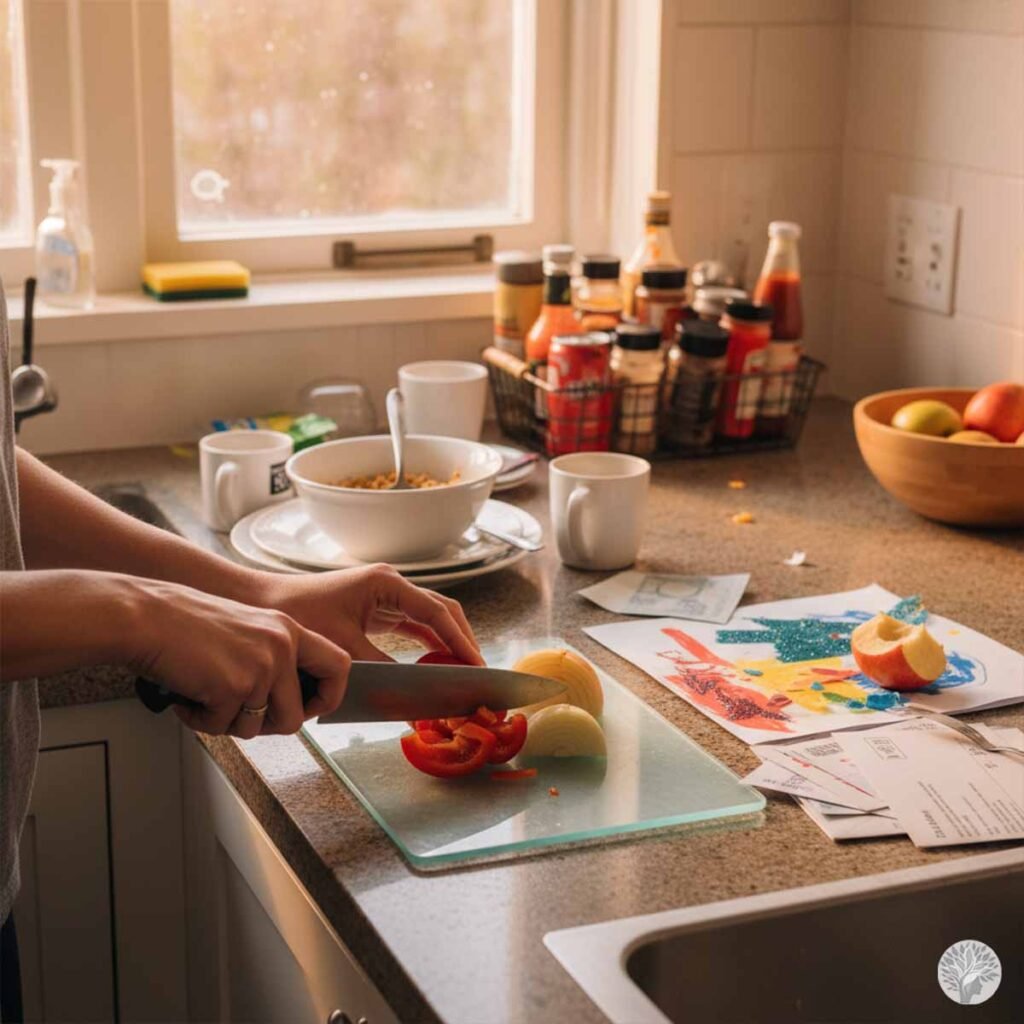 A busy kitchen counter where a person is chopping red peppers on a glass cutting board. The surrounding space is cluttered with unwashed breakfast bowls, several mugs, a basket of condiments, mail, and colorful children's art projects, all bathed in warm afternoon sunlight from a nearby window.