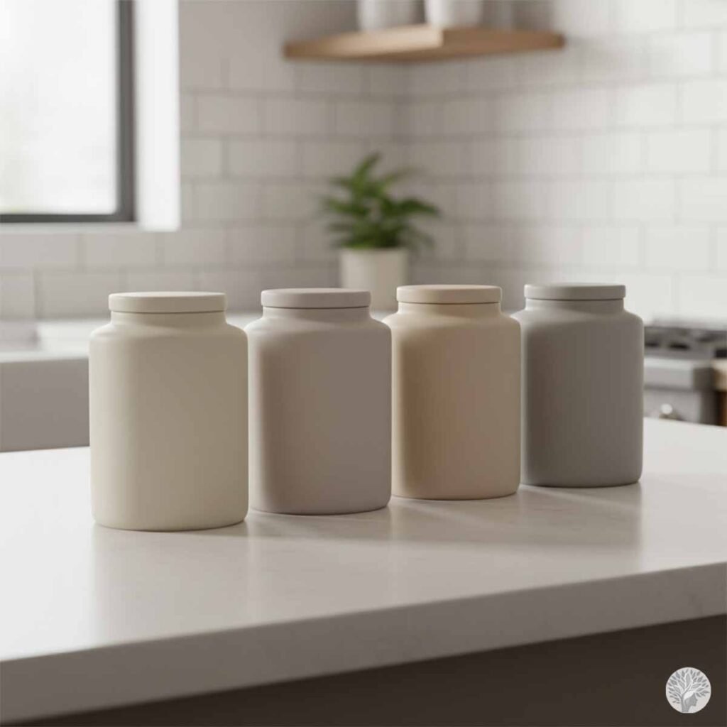 A row of four minimalist, opaque ceramic storage canisters in neutral matte shades of cream, tan, and grey. The canisters are placed on a clean, white marble kitchen countertop against a blurred background of white subway tiles and a small green plant, demonstrating the concept of Visual Silence in kitchen decor.