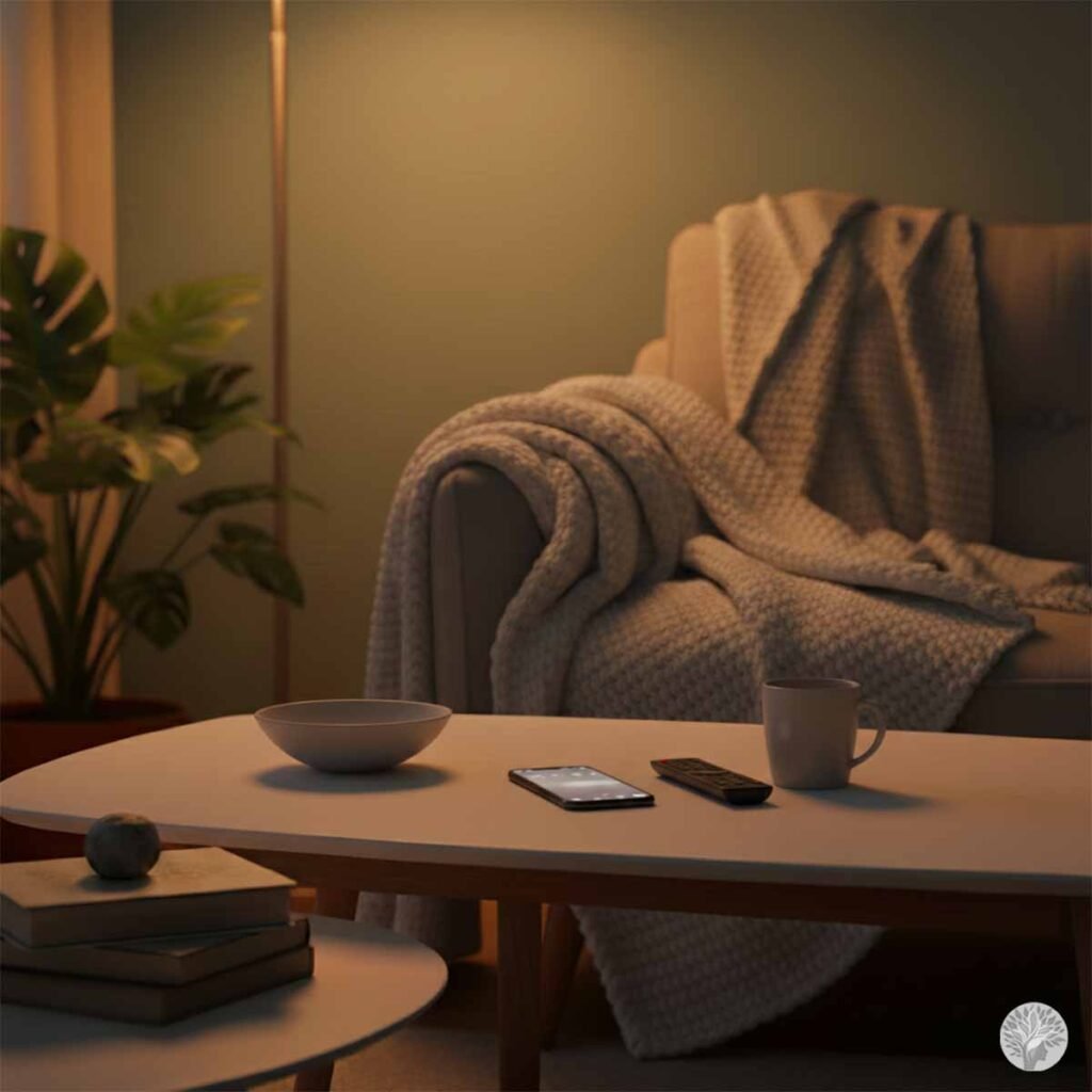 A cozy living room at night with warm amber lamp lighting, featuring a textured knit blanket on a sofa and a clear coffee table with a mug, symbolizing a gentle evening reset routine for moms.