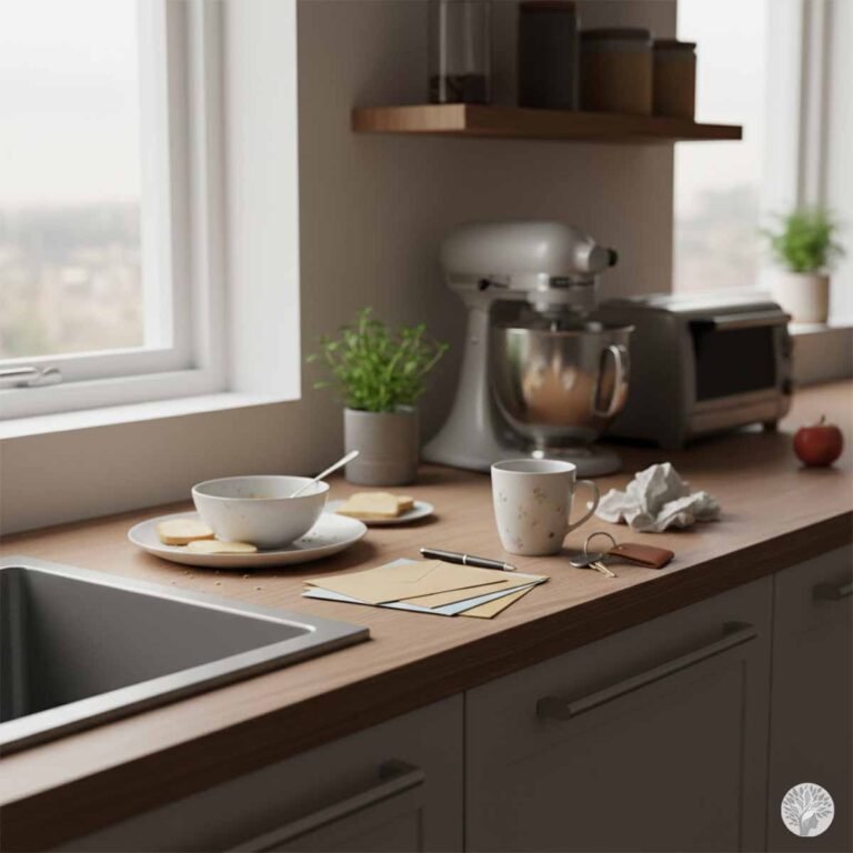 A cluttered wooden kitchen countertop featuring a bowl of cereal, scattered mail, keys, a coffee mug, and a crumpled napkin next to a stand mixer and toaster. Large windows in the background provide soft natural light, illustrating the "Visual Shouting" that contributes to sensory overload in a home.