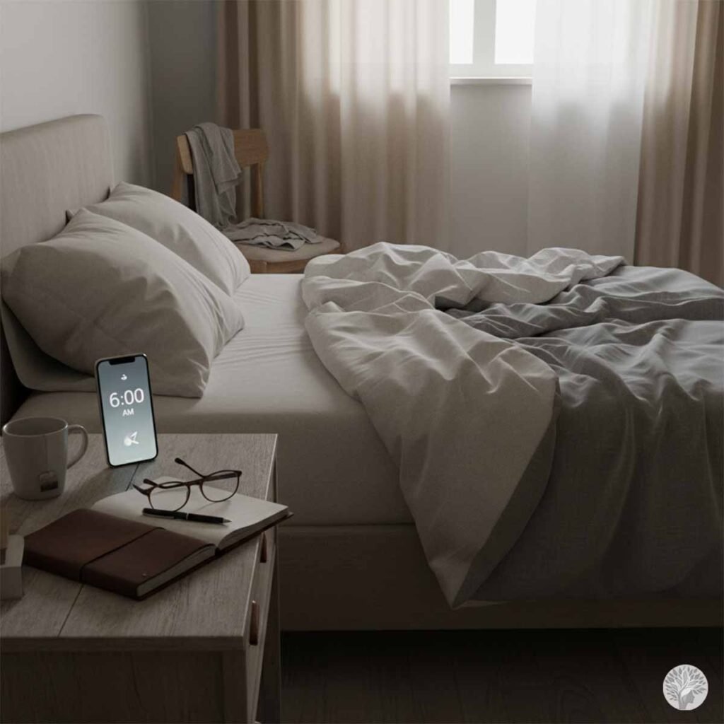 A minimalist bedroom at dawn with an unmade bed and a smartphone on the nightstand showing a 6:00 AM alarm, representing the Adrenaline Wake-Up Trap for overwhelmed mothers.