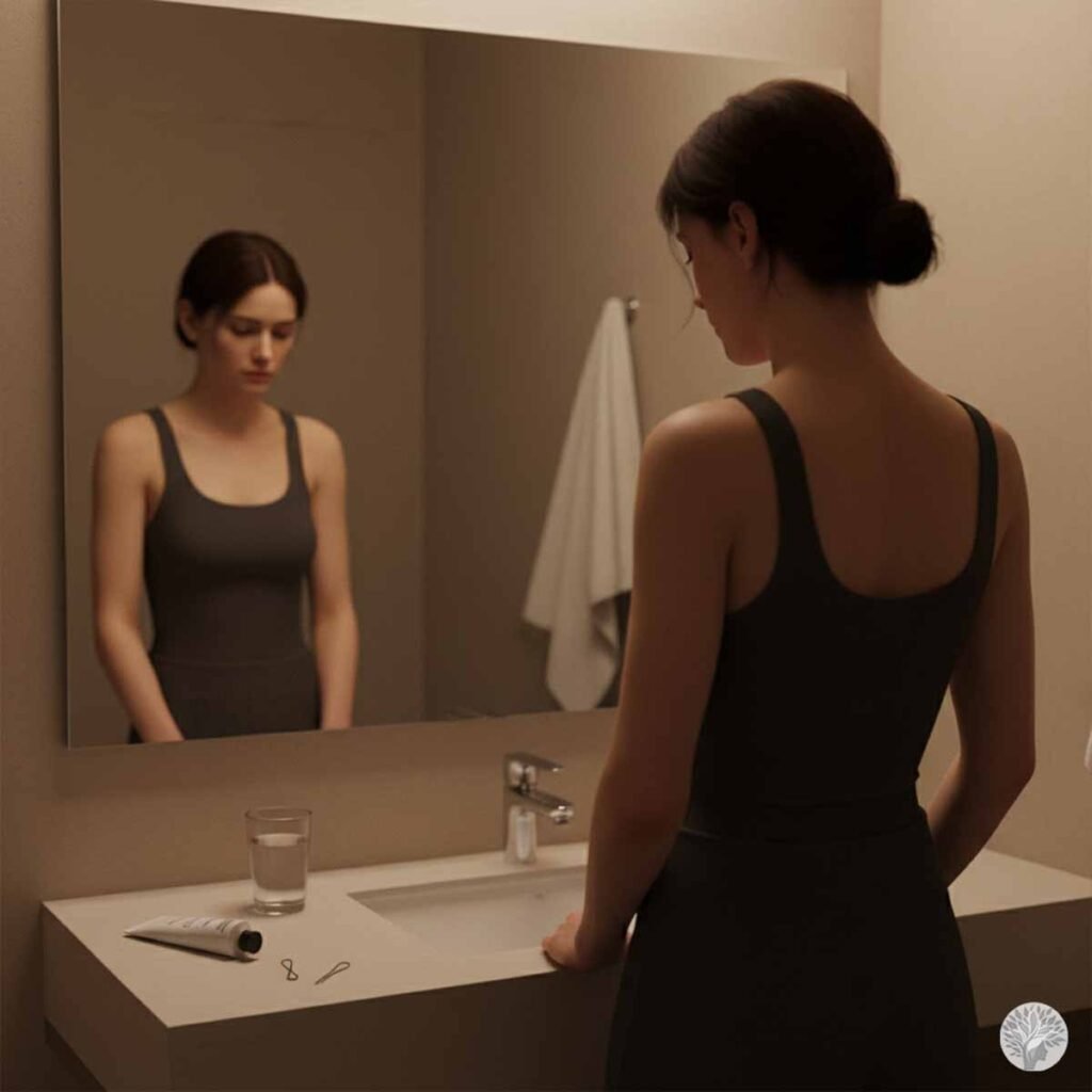 A woman with dark hair pulled back in a bun stands before a bathroom mirror in a dimly lit, calm room, reflecting on her day during a quiet evening moment.