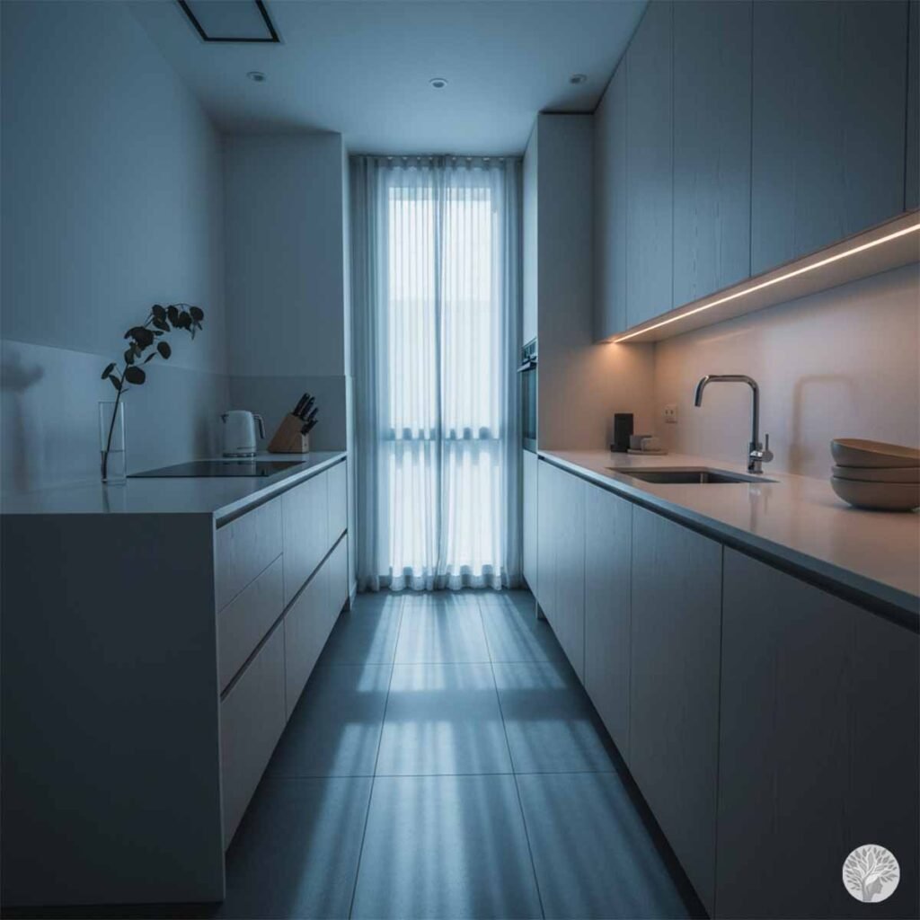 A clean, modern kitchen with white countertops and minimalist cabinetry, featuring a large window with sheer curtains letting in soft natural light, embodying a calm kitchen sanctuary.