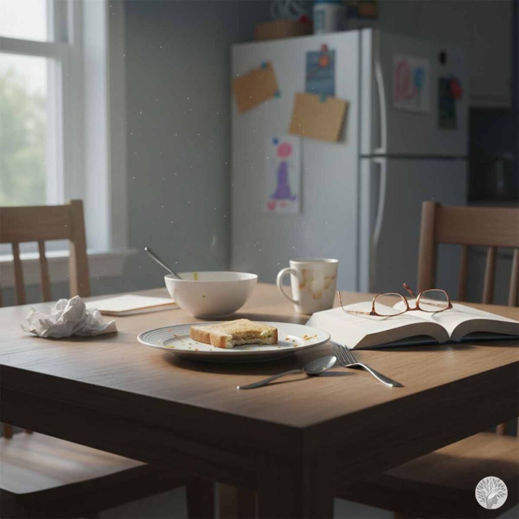 A wooden kitchen table in soft afternoon sunlight, showing the remains of a half-eaten lunch with a plate of toast, a bowl, a coffee mug, an open book, and glasses, representing the midday overwhelm of motherhood.