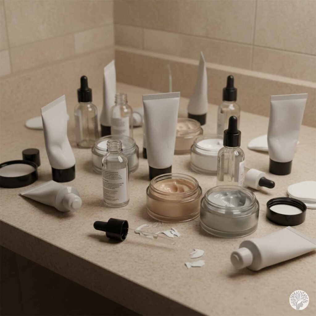 A messy, overflowing collection of blank, unbranded skincare products including jars, tubes, and dropper bottles spread across a bathroom countertop, with several caps left off and a cotton pad discarded.