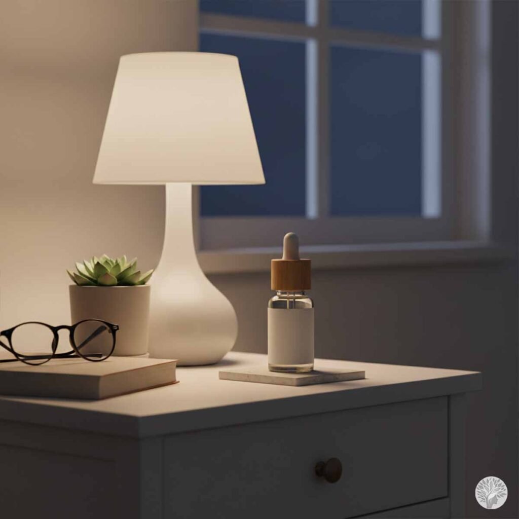 A close-up view of a minimalist white nightstand next to a dark window at night. On the table, a bedside lamp casts a warm glow, illuminating a glass dropper bottle, a small succulent plant, and a pair of reading glasses resting on a closed book.