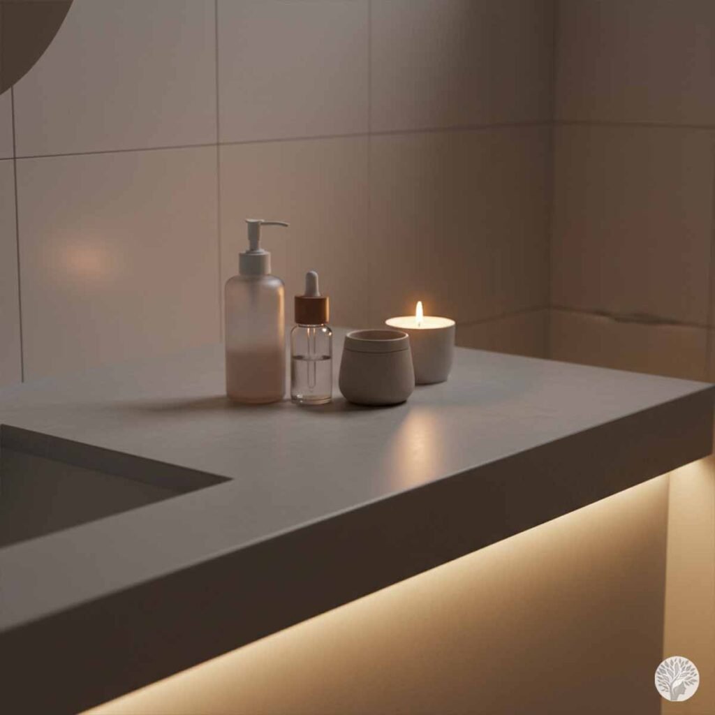 A minimalist and tidy bathroom counter featuring a few curated skincare bottles and a single lit candle, creating a serene and warm atmosphere in the evening.