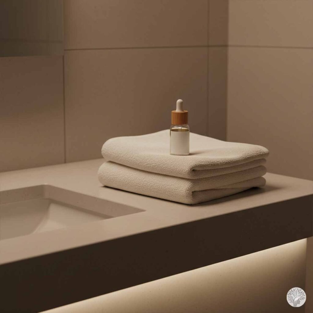 A close-up view of a tidy bathroom countertop. A stack of two folded, clean white towels sits on the left, and a small glass dropper bottle with a wooden cap is neatly placed on the towels.