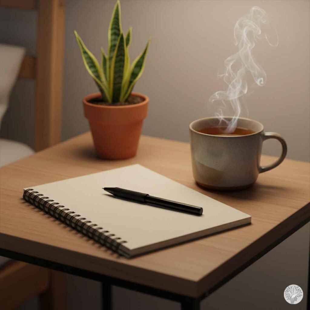 A close-up, high-angle shot of a bedside table featuring an open spiral notebook with a black pen resting on it. In the background, a steaming mug of tea and a small Snake Plant in a terracotta pot are bathed in the soft, warm glow of a bedside lamp.