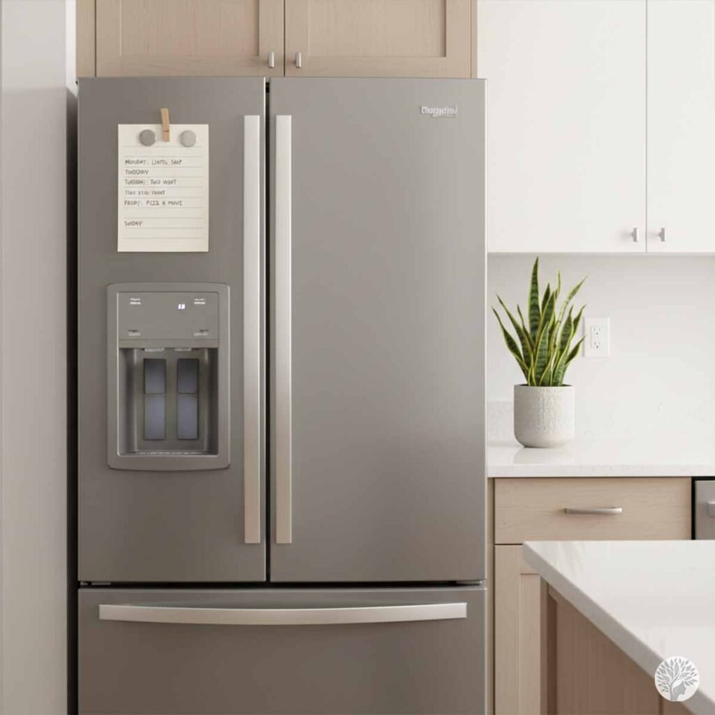 A modern, stainless steel refrigerator in a bright, minimalist kitchen featuring a hand-written meal plan pinned to the door as a "Visual Anchor," with a healthy snake plant sitting on the clean white counter nearby.