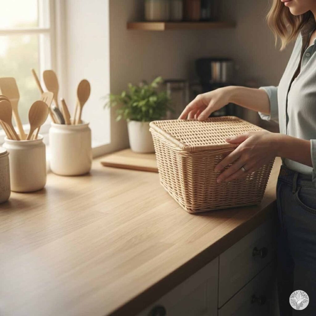 A woman clears a light wood kitchen counter by placing mail and small items into a woven wicker basket, creating a clean and open surface.