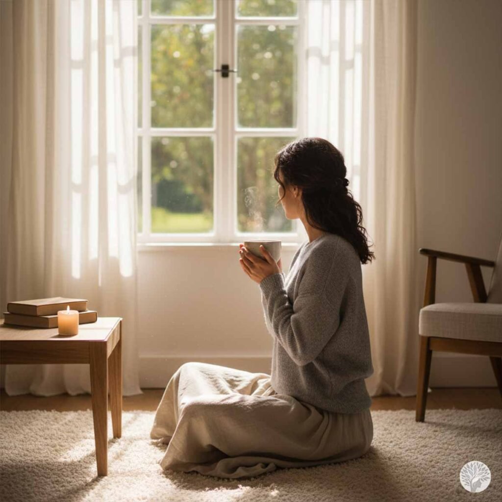 A side view of a woman with her hair pulled back, wearing a gray knit sweater and light skirt, sitting cross-legged on a white shag rug. She holds a steaming mug in both hands and looks thoughtfully out a large white-framed window at sunlit green trees. A low table with stacked books and a lit candle is nearby.