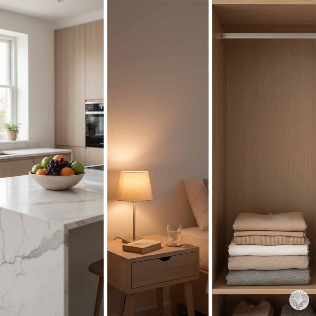 A three-panel vertical collage illustrating the 70/30 Rule on different surfaces. The left panel shows a white marble kitchen island with a single fruit bowl; the middle panel shows a wooden nightstand with a lamp, a book, and a glass of water; the right panel shows a wooden wardrobe shelf with a small, neat stack of folded sweaters and significant open space above them.