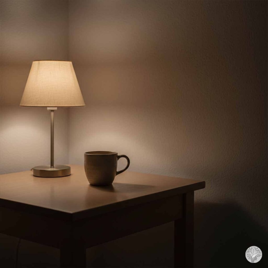 A single, ceramic coffee mug sits on a wooden nightstand, illuminated by the warm, gentle glow of an elegant table lamp, creating an atmosphere of stillness and "Visual Silence."
