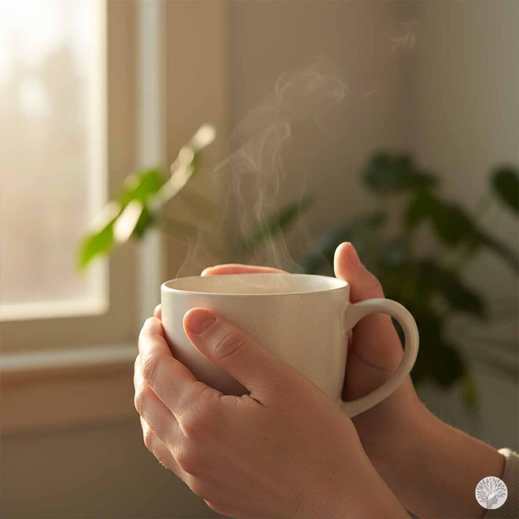 Close up of hands holding a warm ceramic mug with steam rising, set against a soft morning window light with a green plant in the background, illustrating a mindful morning anchor routine.