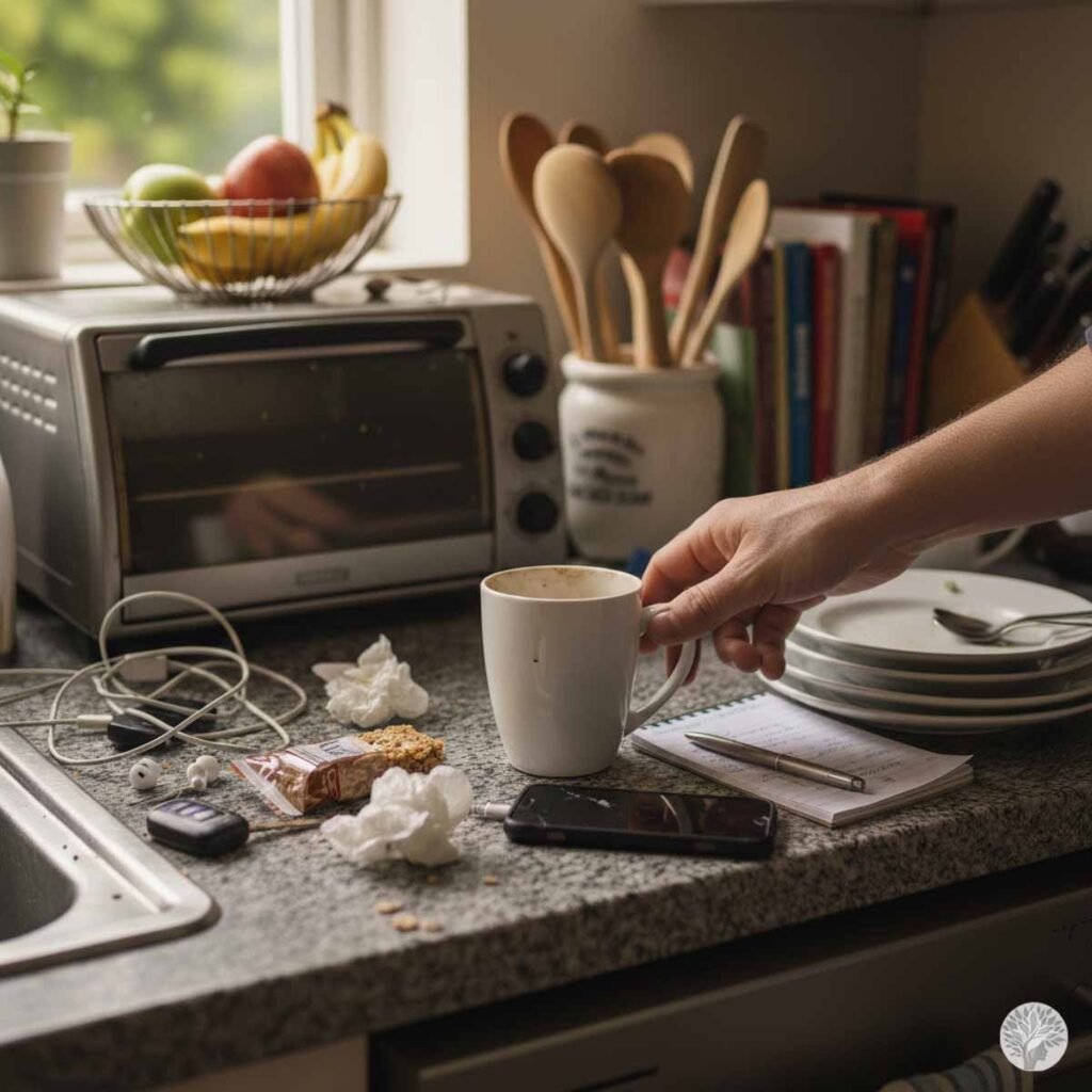 A cluttered kitchen counter on a granite surface featuring a white ceramic mug surrounded by scattered mail, a pen, a charging smartphone, tangled white earbud cables, and crumpled paper, illustrating the daily mental load and domestic chaos.
