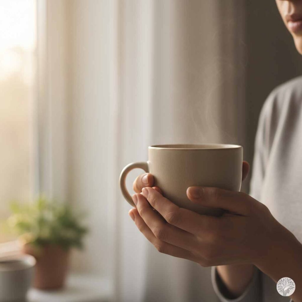 A woman in a grey sweater holds a steaming beige ceramic mug with both hands, shown in a close-up against a soft-focus background of a sunlit window and green potted plants, representing sensory grounding.