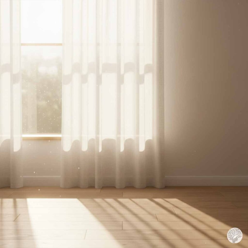A bright, minimalist room featuring a large window covered by sheer white curtains. Warm morning sunlight streams through the fabric, casting long, soft shadows onto a light-colored wooden floor. The scene is empty and peaceful, emphasizing light and space.