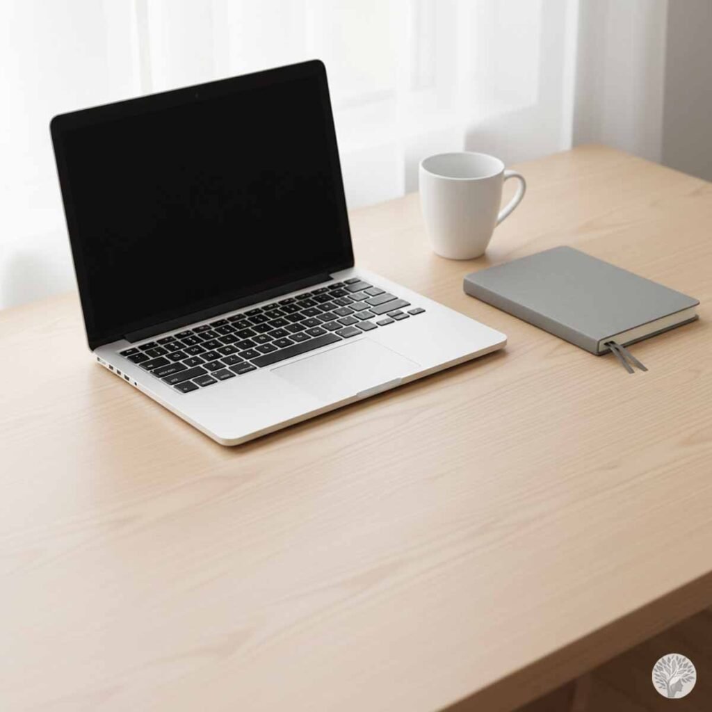 A high-angle, minimalist view of a light wood desk featuring an open silver laptop with a black screen, a simple white mug, and a closed grey notebook with two ribbon bookmarks. The desk is clear of clutter, positioned against a soft, white curtain background with gentle natural light.