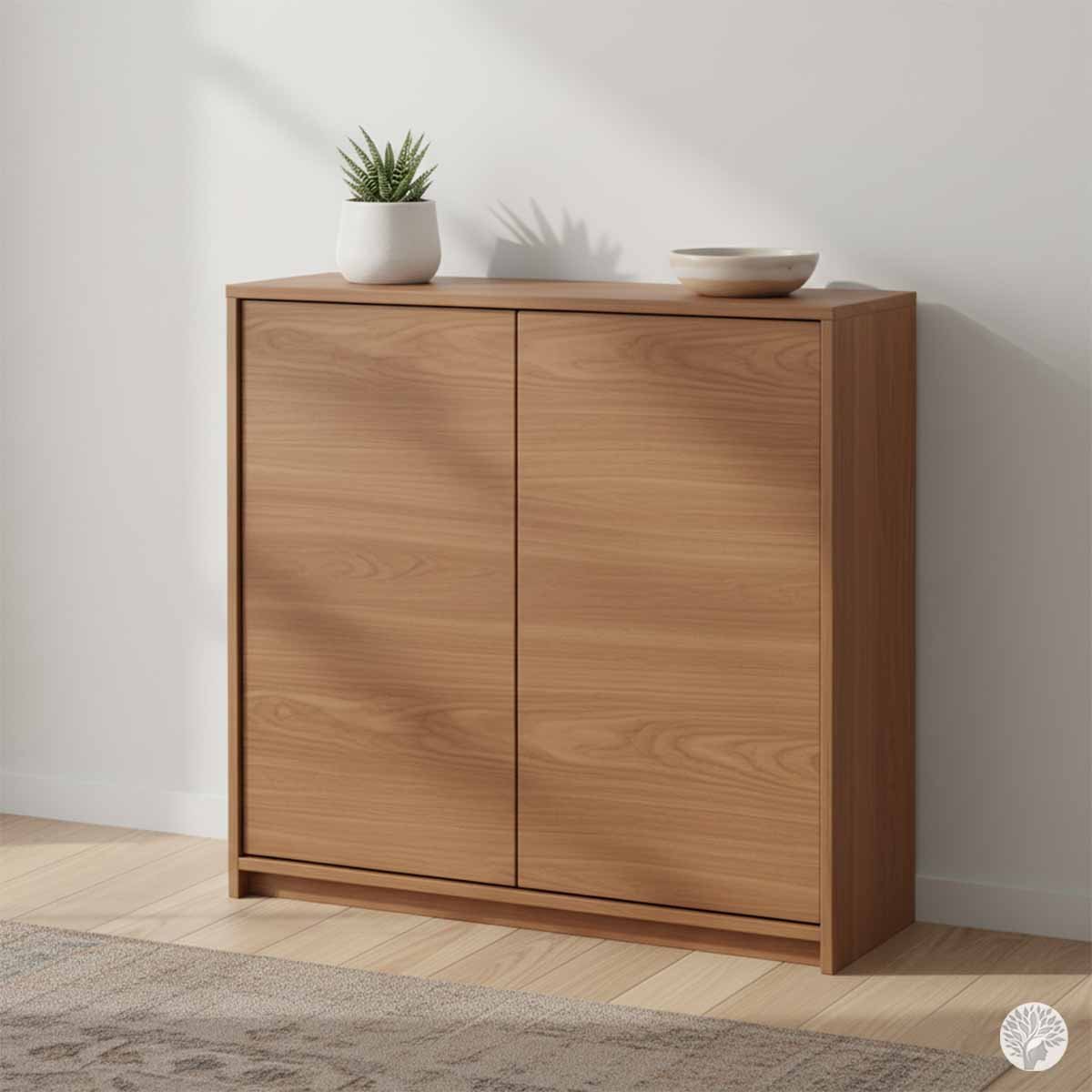 A minimalist wooden shoe cabinet with flat, handle-less doors standing against a white wall. The cabinet has a clean wood grain finish and features a small potted plant and a neutral ceramic bowl on top, representing an organized, clutter-free entryway design.