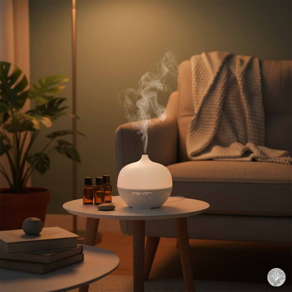 A comparison shot showing a coffee table before and after an evening reset. The first shot shows a smartphone and remote under dim light. The second shot shows an activated essential oil diffuser with steam rising and bottles, creating a scent anchor for relaxation.